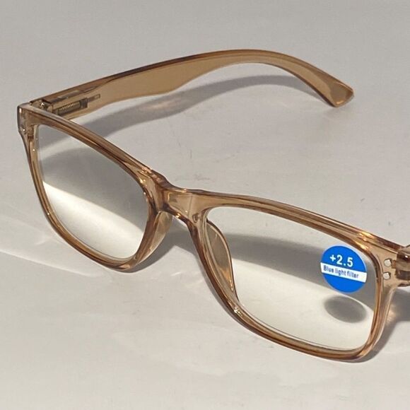 1436 Helen 2.5 Reading Glasses Thin Rectanle Bluelight Filter Tan Frames NWT - Picture 7 of 8